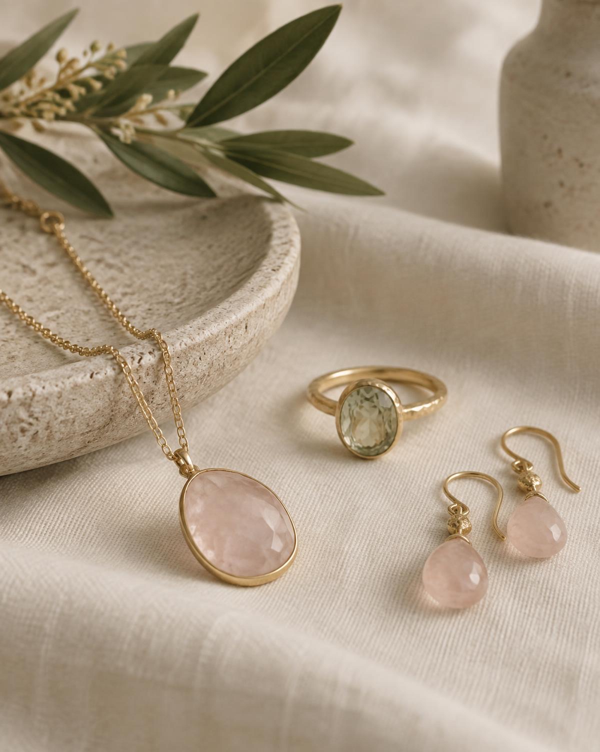 Handmade SUI jewellery on cream linen